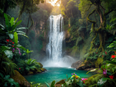 Majestic tropical waterfall surrounded by lush green flora