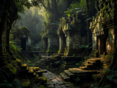 Mysterious ancient jungle ruins and temple pathways