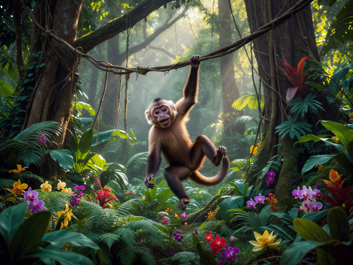 Playful cinematic monkey character in a wild jungle paradise